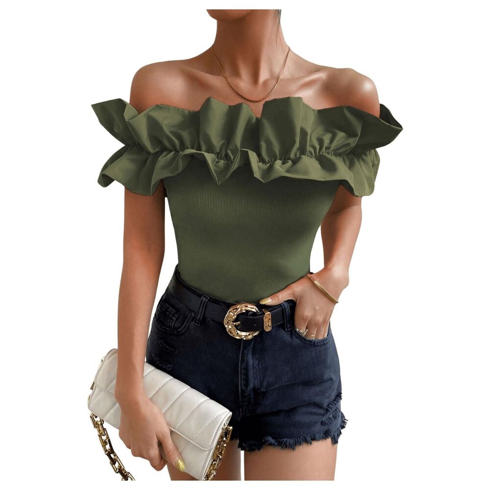Ruffle Trim Off Shoulder Short Sleeve Blouse Party Top, MEDIUM, 12E-159T002